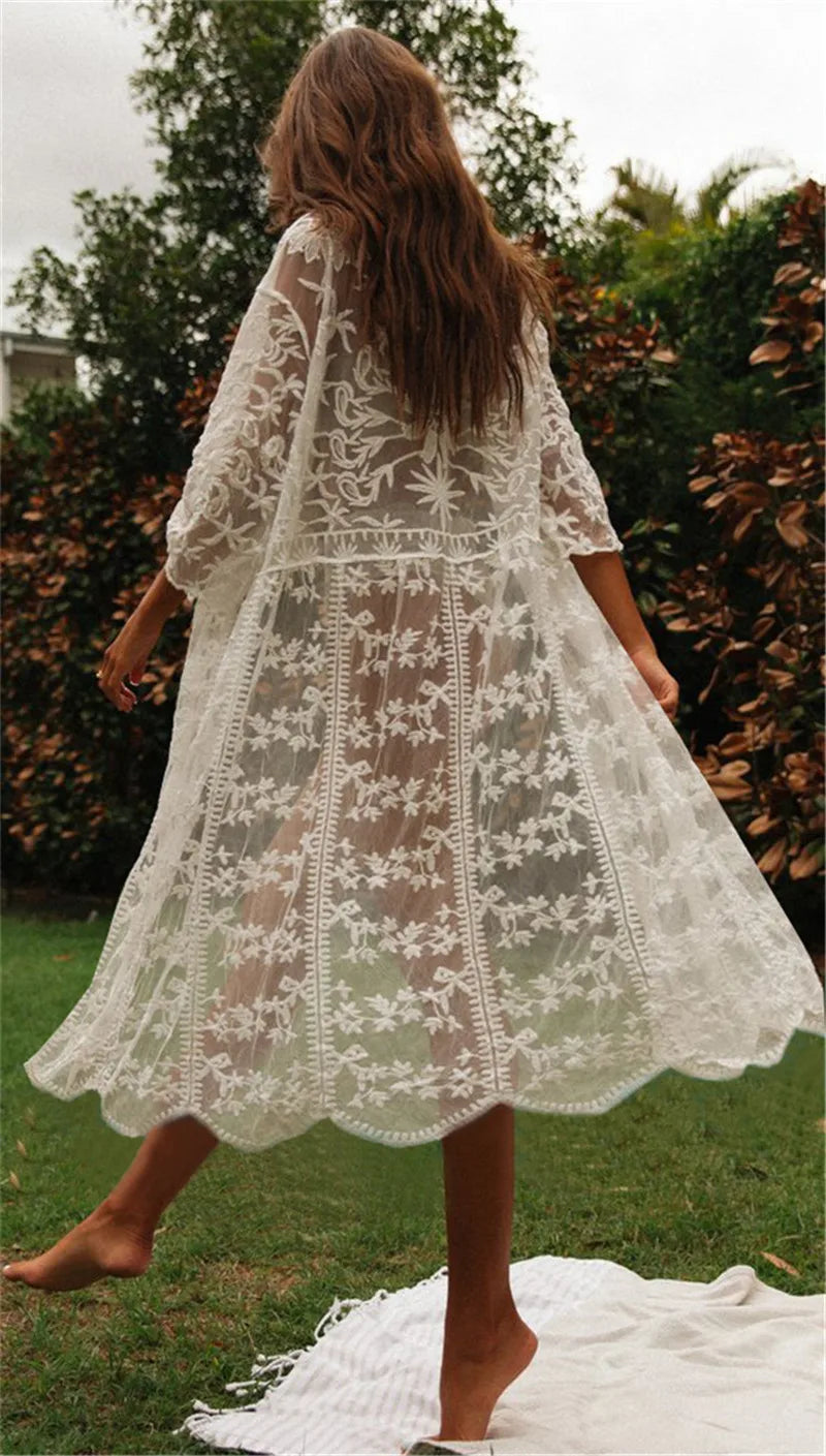 2024 Crochet White Knitted Beach Cover Up Dress Tunic Long Pareos Bikinis Cover Ups Swim Cover Up Robe Plage Beachwear