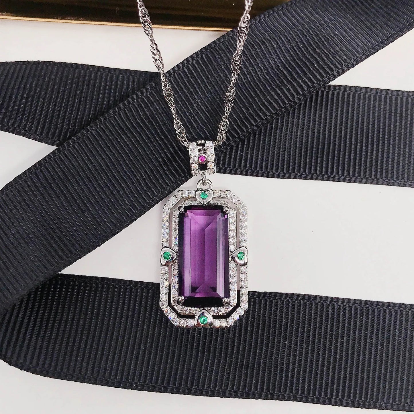 Luxury Brazil Yellow/Purple Simulated Tourmaline Pendant Necklaces Women's Elegant Amethyst Rectangular Necklace For Women
