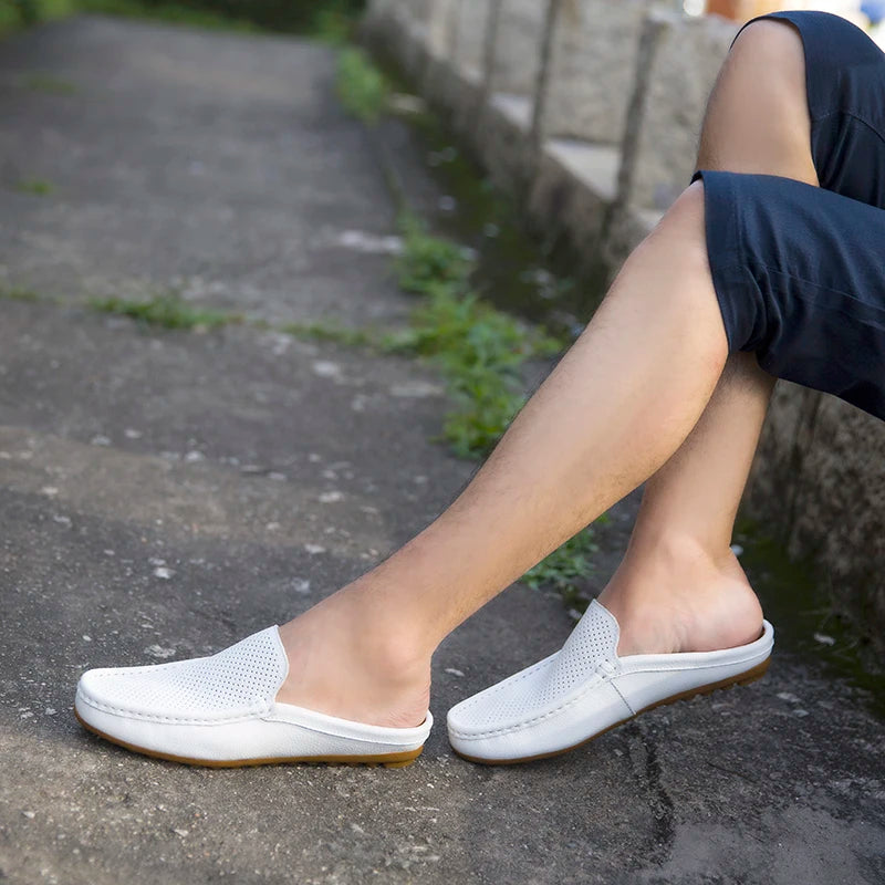Summer Men's Shoes Casual Brand Mens Breathable Loafers Genuine Leather Half Slipper For Men Slip on Lazy Driving Shoe Moccasins