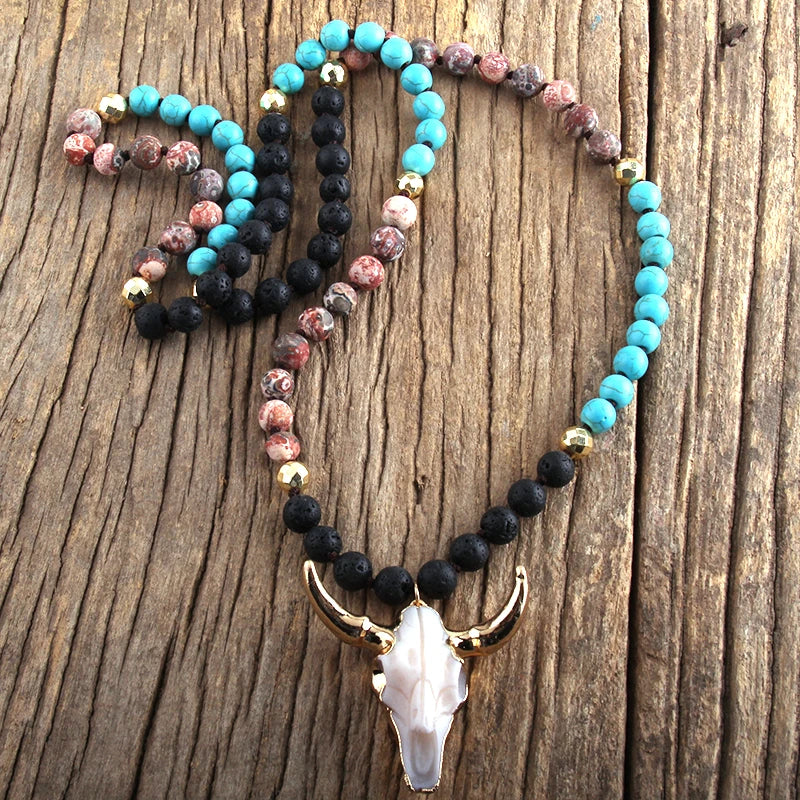 Fashion Bohemian Jewelry Sem Stone Knotted Horn Pendant Necklace For Women Boho Ethnic Necklace Gift
