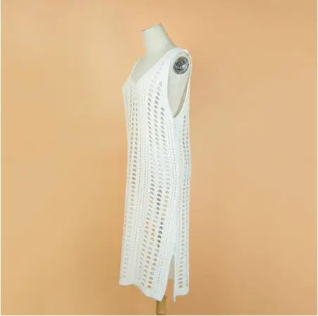 Yiiciovy Summer Women Swimsuit Beach Crochet Cover Ups Bikini Dresses Solid Color Fishnet Crochet Female Swimwear Bathing Suit