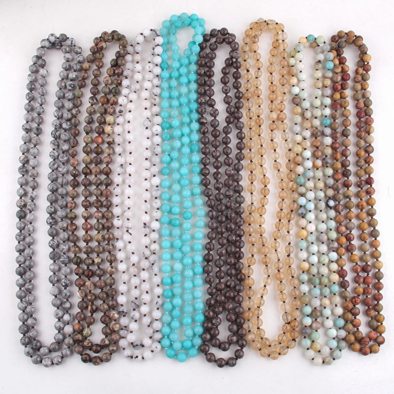 New Bohemian Jewelry long Knotted Halsband 8mm 125-128cm Double wrap Natural Stone Necklace
