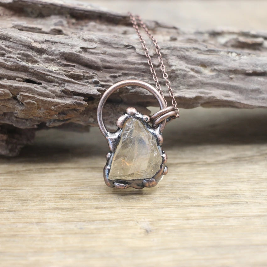 Raw Black Tourmaline Citrines Antique Copper Hoop Pendants Necklace,Healing Energy Ore Amethysts Meditation Retro Jewelry,QC3043
