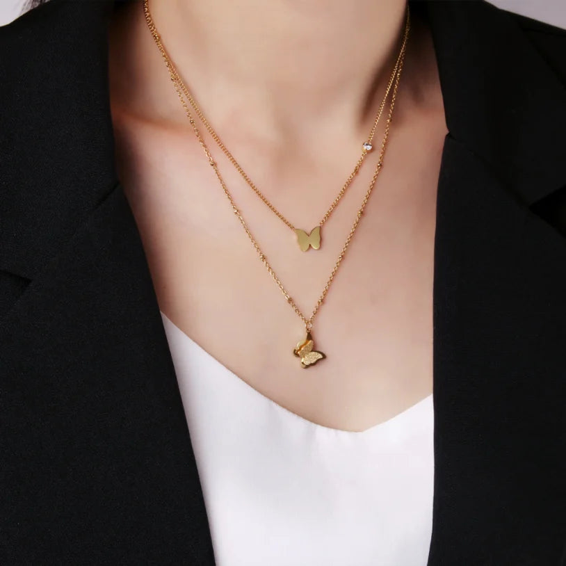 316L Stainless Steel New Fashion Upscale Jewelry 2 Layer Zircon Butterfly Charms Beaded Chain Choker Necklaces Pendant For Women