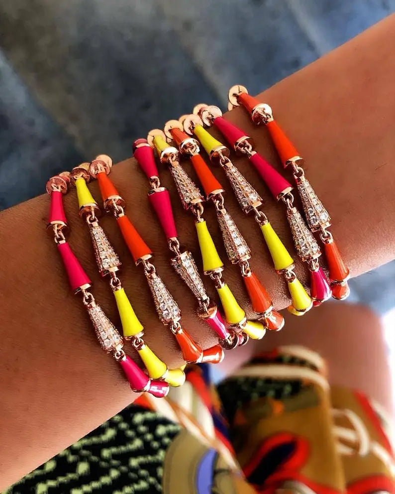 Rainbow Neon Enamel Beaded Link Chain Colorful Gold Color Women Girl New Bracelet