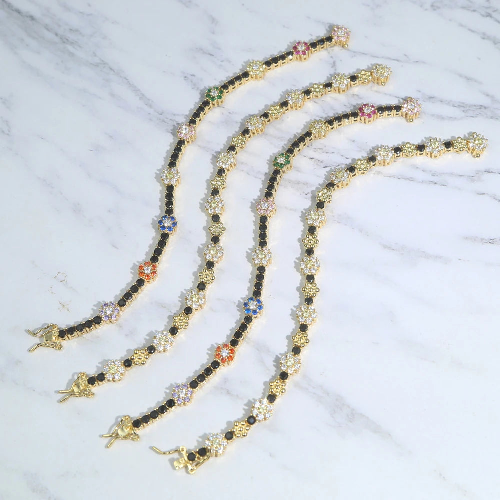 2025 Spring New Design Colorful Flower Charm White Black Rainbow CZ Tennis Chain Bracelet Women Fashion Jewelry