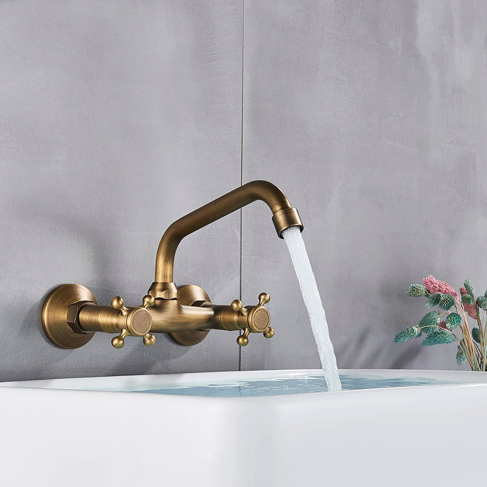 Antique Brass Kitchen Faucet Hot And Cold Water Mixer Faucets Wall Mounted Tap Vessel Sink Mixer Tap Swivel Spout Basin Mixer