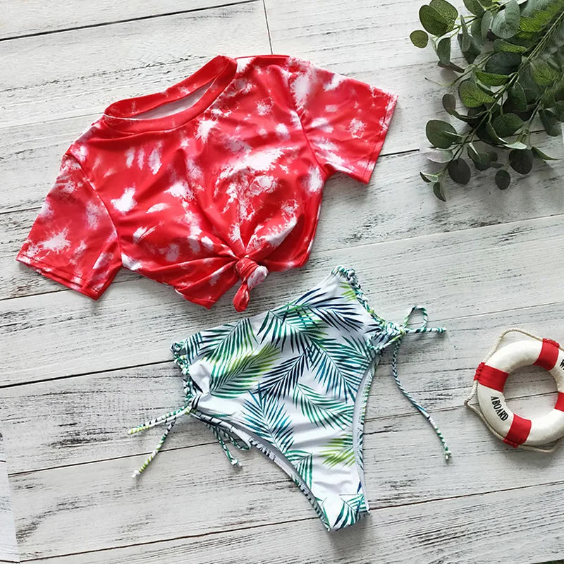 2023 Sexy Long Sleeve Bikinis Women Swimsuit Green Leaves Print Bathing Suits Beachwear Brazilian Bikini Set Biquini Female