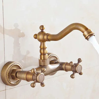 Antique Brass Kitchen Faucet Hot And Cold Water Mixer Faucets Wall Mounted Tap Vessel Sink Mixer Tap Swivel Spout Basin Mixer