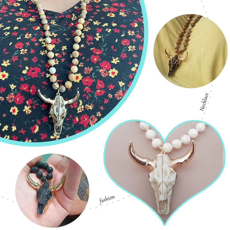 Fashion Bohemian Jewelry  Long Knotted Stone Beads 3 Color Horn Pendant Necklace For Women Ethnic Necklace