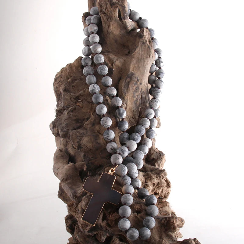 RH Fashion Bohemian Tribal Jewelry 8mm Natural Stones Knotted Stone Cross Pendant Necklaces Women Ethnic Necklace
