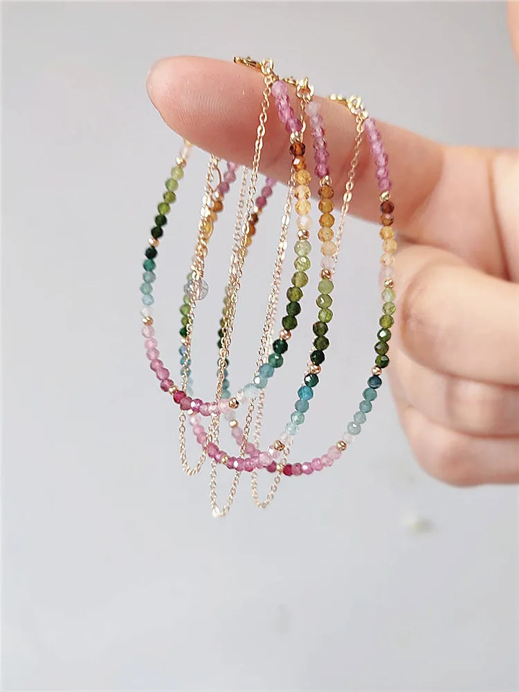 Natural Colorful Mix Tourmaline Bead Bracelet Handmade Women 14K Gold Filled Chain Double Layer Bracelet Semi Precious Jewelry