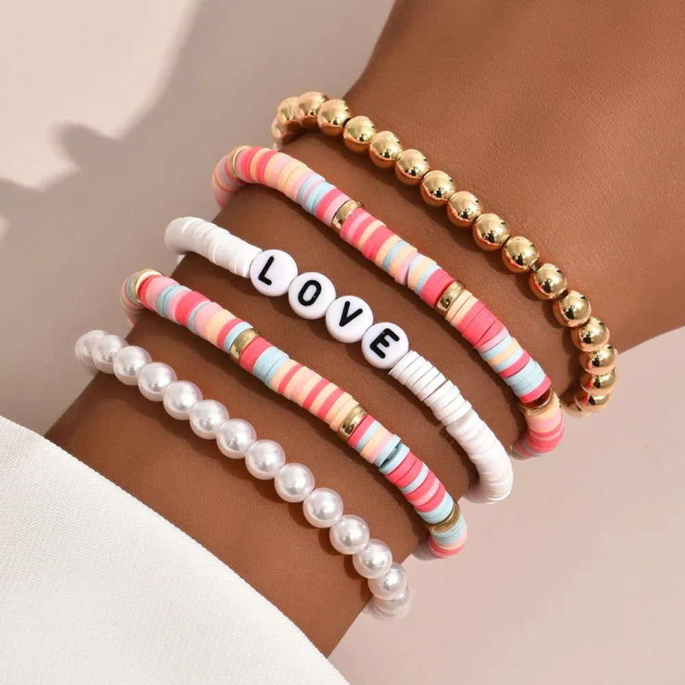Fashion Rainbow Stackable Bracelets Set For Women Heart Charm Soft Clay Pottery Layering Beads Chain Bangle Female Boho Jewelry