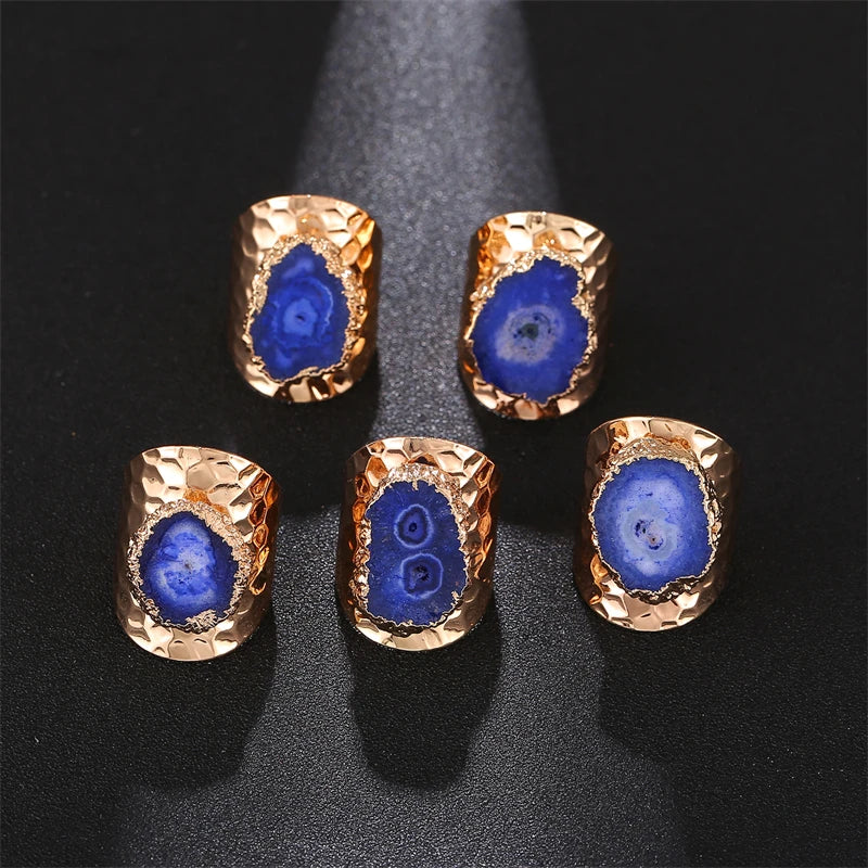 Boho Irregular Natural Stone Agate Slices Sunflower Wide Open Ring for Women Gold Plated Resizable Finger Jewelry