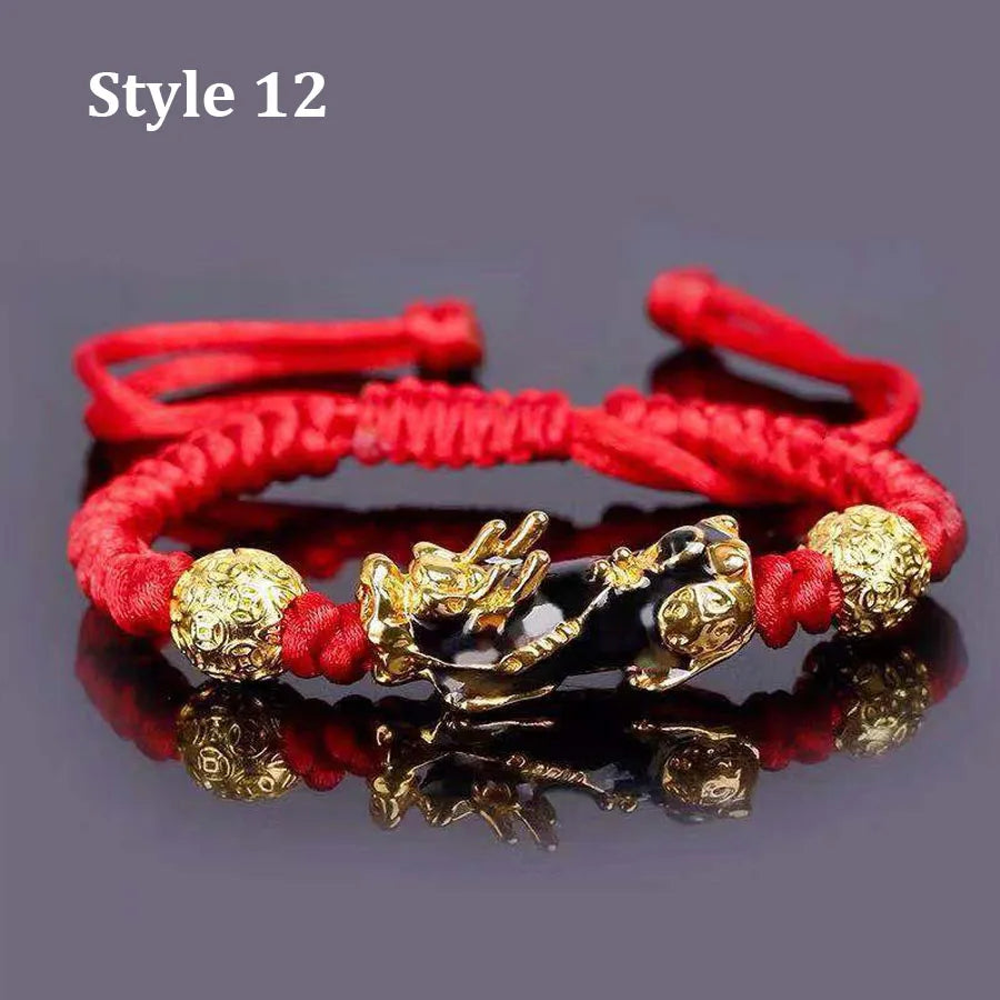 Feng Shui Obsidian Stone Beads Bracelet Wristband Gold Color Black Pixiu Wealth Good Luck Women Bracelet  Men Women Unisex