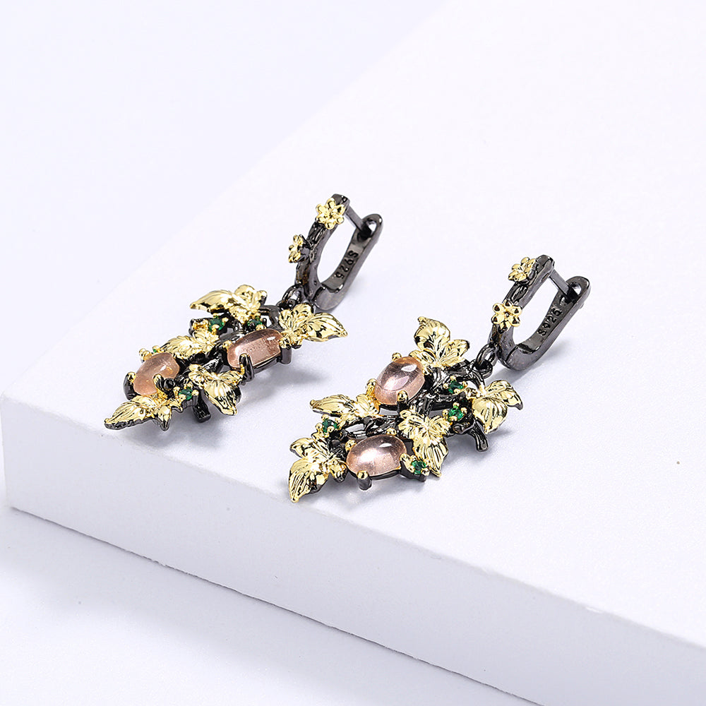 New Elegant Black Gold Ruby Pendant Flower Leaf 925 Silver Earrings Crystal Gemstone Ladies Jewelry Earrings Silver 925 Jewelry