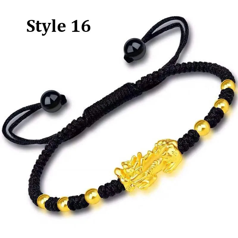 Feng Shui Obsidian Stone Beads Bracelet Wristband Gold Color Black Pixiu Wealth Good Luck Women Bracelet  Men Women Unisex