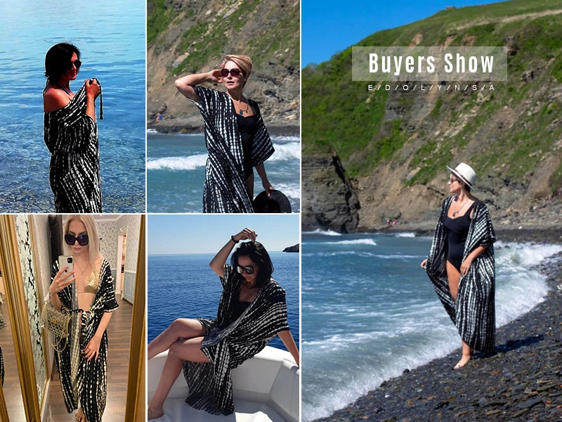 2023 Bikini Cover-ups Black Retro Striped Self Belted Women Summer Clothing Kimono Dress Beach Wear Swim Suit Cover Up Q1225