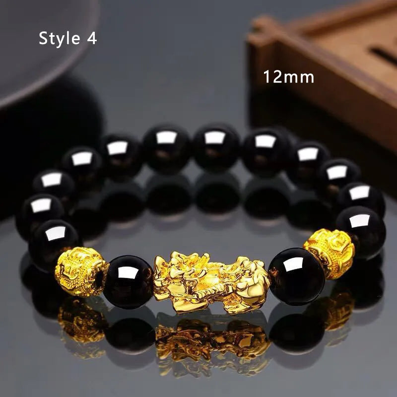 Feng Shui Obsidian Stone Beads Bracelet Wristband Gold Color Black Pixiu Wealth Good Luck Women Bracelet  Men Women Unisex