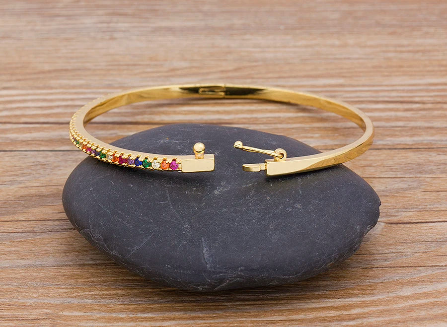 Nidin New Design High Quality Charm Rainbow Bracelet Copper Zirconia Rhinestone Cuff Bangle Trendy Jewelry Gift For Women Girls