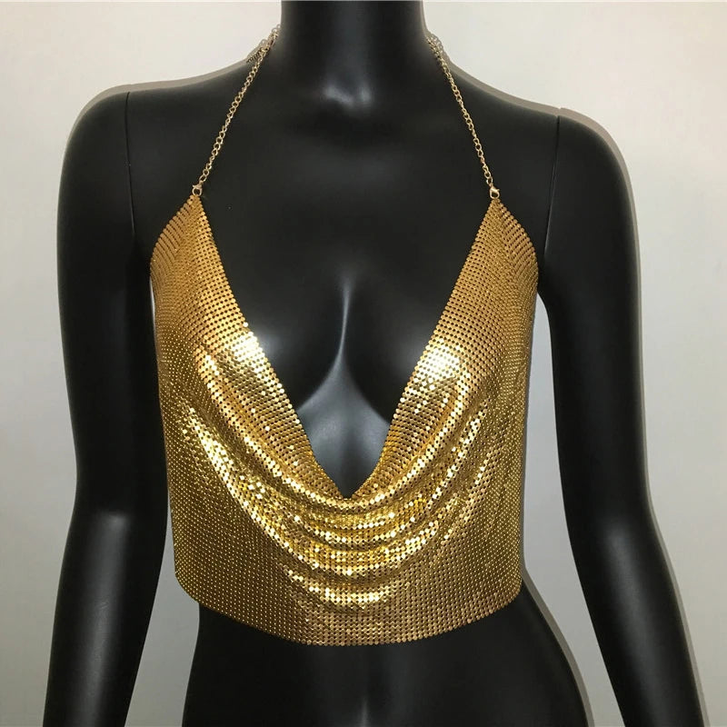 AKYZO Women 2023 Sexy Metal Sequined Tank Camis Summer Gold Silver Backless Cropped Glitter Beach Club Show Wear Tank Tops