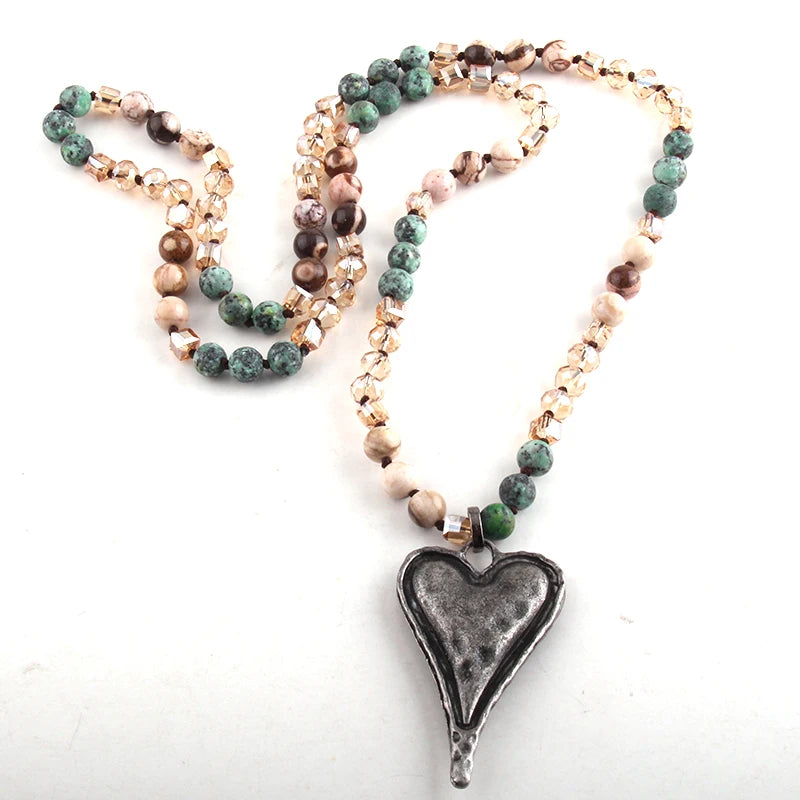 Fashion Bohemian Tribal Jewelry Multi Stone Beige Glass Long Knotted Black Metal Heart Pendant Necklaces