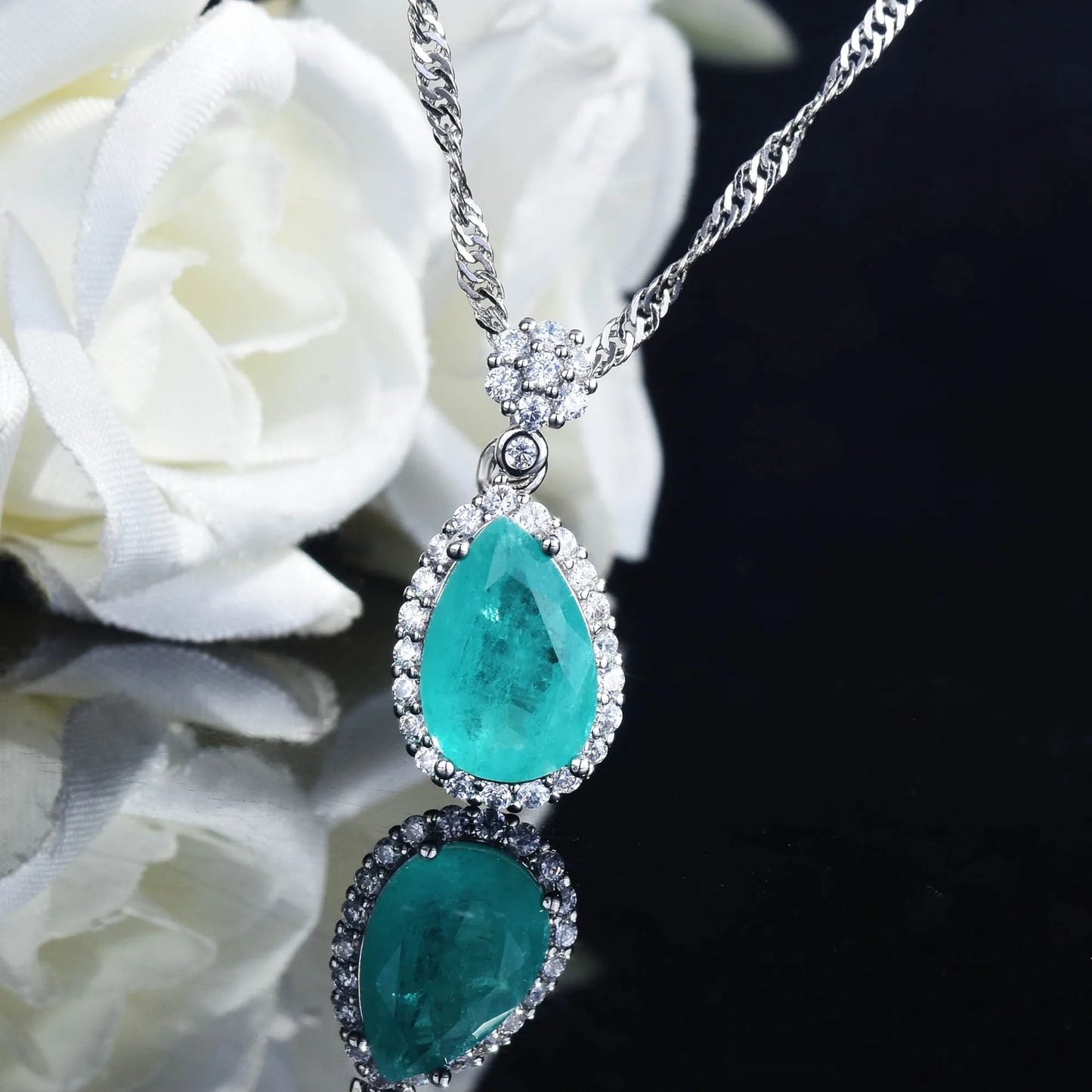 Silver Color Blue Tourmaline Necklace+Earrings+Ring Sets For Women White Gold Plated Water Drop Wedding Party Jewelry Set