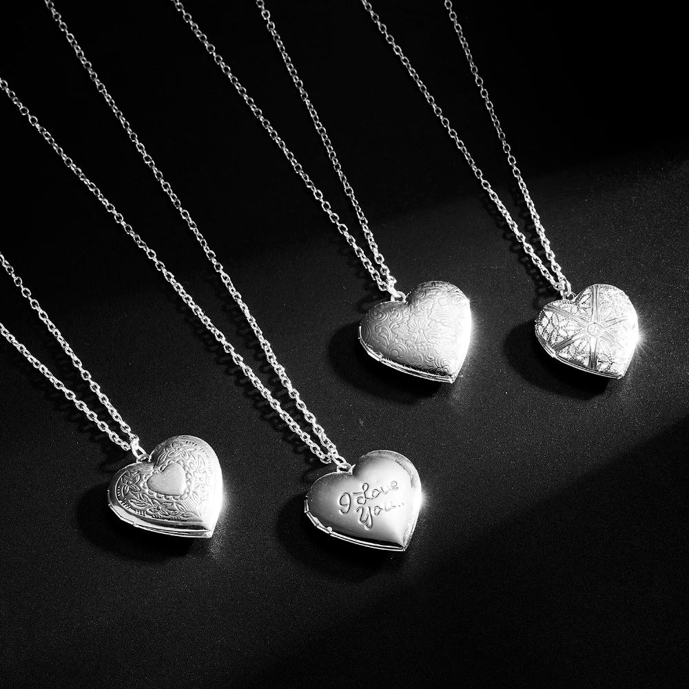 Unique Carved Design Heart-shaped Photo Frame Pendant Necklace Charm Openable Locket Necklaces Women Men Memorial Jewelry