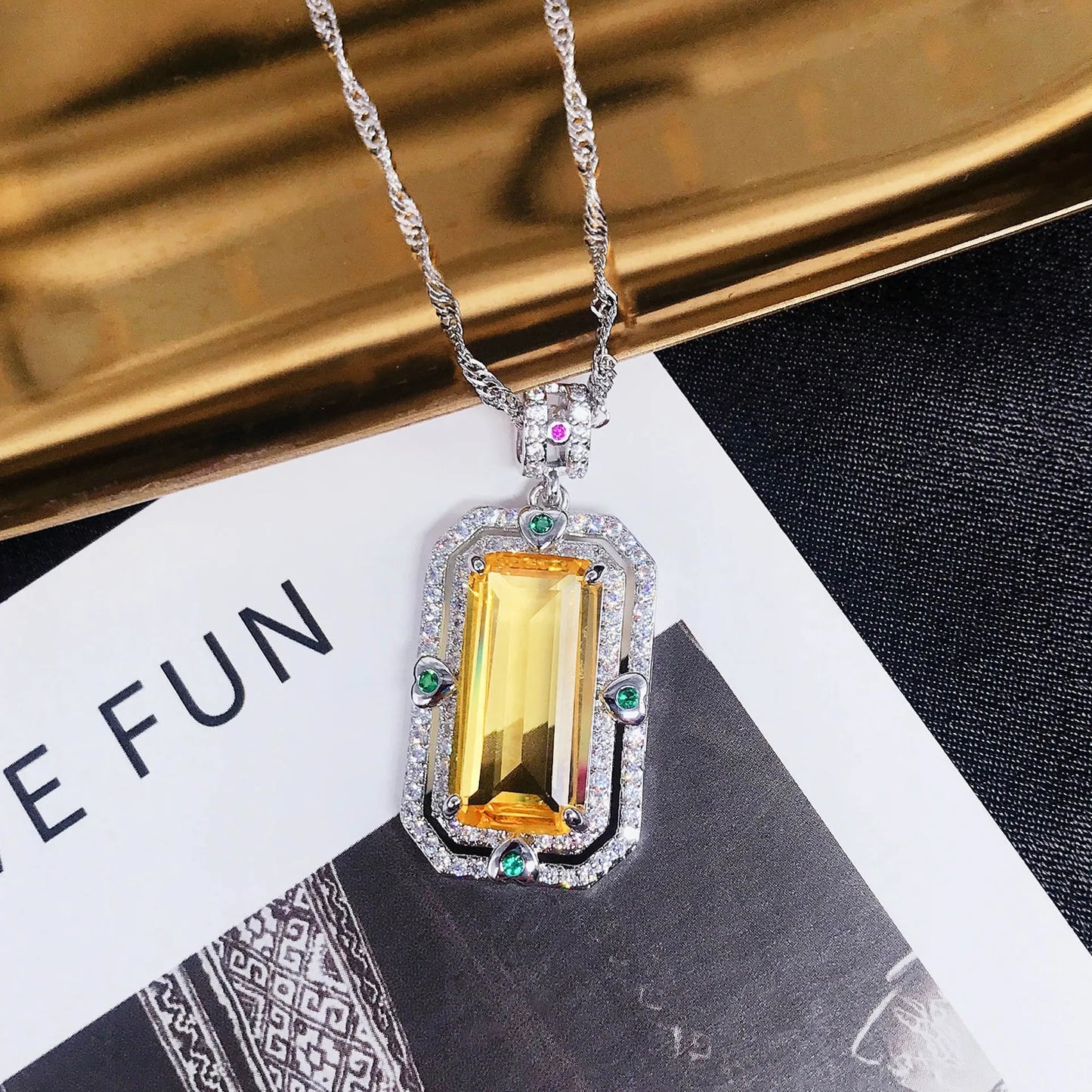 Luxury Brazil Yellow/Purple Simulated Tourmaline Pendant Necklaces Women's Elegant Amethyst Rectangular Necklace For Women