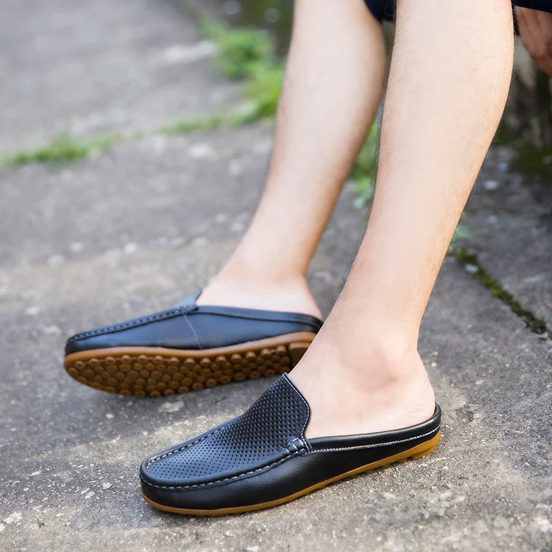 Summer Men's Shoes Casual Brand Mens Breathable Loafers Genuine Leather Half Slipper For Men Slip on Lazy Driving Shoe Moccasins