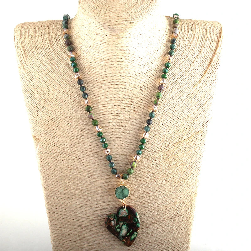 Fashion Bohemian Jewelry Boho Gift Natural Stones With Druzy Links Heart Stone Pendant Necklaces For Women