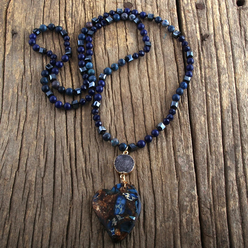 Fashion Bohemian Jewelry Boho Gift Natural Stones With Druzy Links Heart Stone Pendant Necklaces For Women
