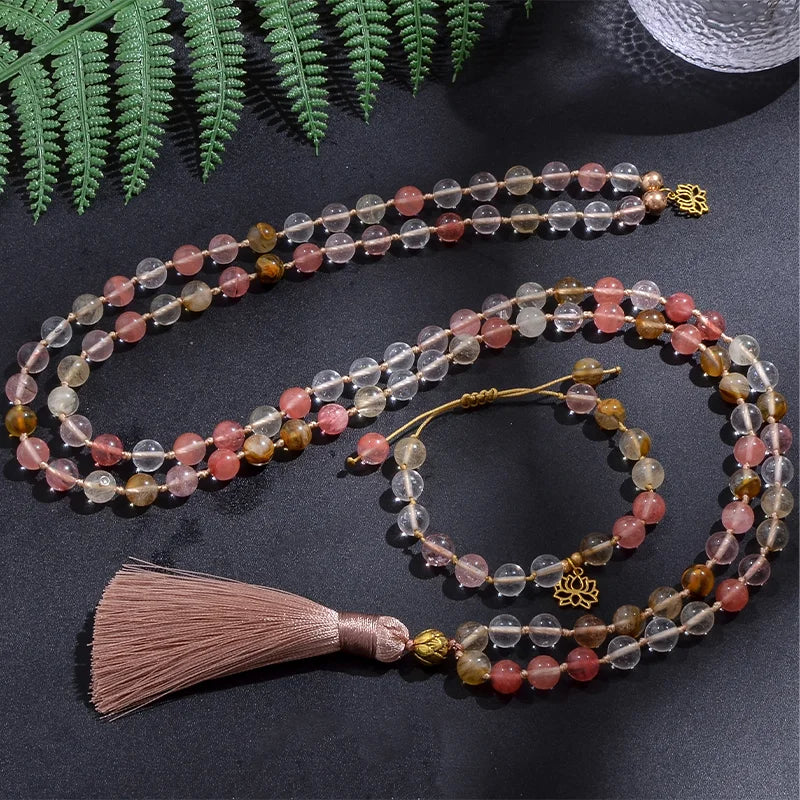 8mm Watermelon Tourmaline Japamala Necklace Meditation Yoga Tibetan Jewelry Bracelet Set 108 Beaded Rosary Golden Lotus Charm