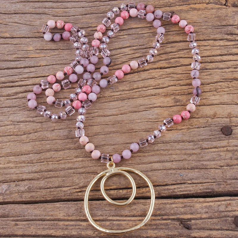 Fashion Bohemian Jewelry Accessory 6mm Stones/Crystal Knotted With Metal Round Pendant Necklaces Women Boho Gift