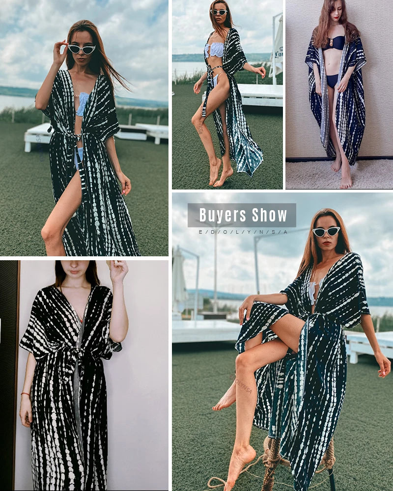 2023 Bikini Cover-ups Black Retro Striped Self Belted Women Summer Clothing Kimono Dress Beach Wear Swim Suit Cover Up Q1225