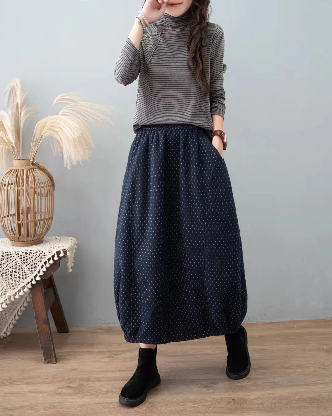 Careaymade New Autumn Winter Print Cotton Skirt Women Elastic Waist Thick Warm Long Skirts Female Loose Vintage Skirts