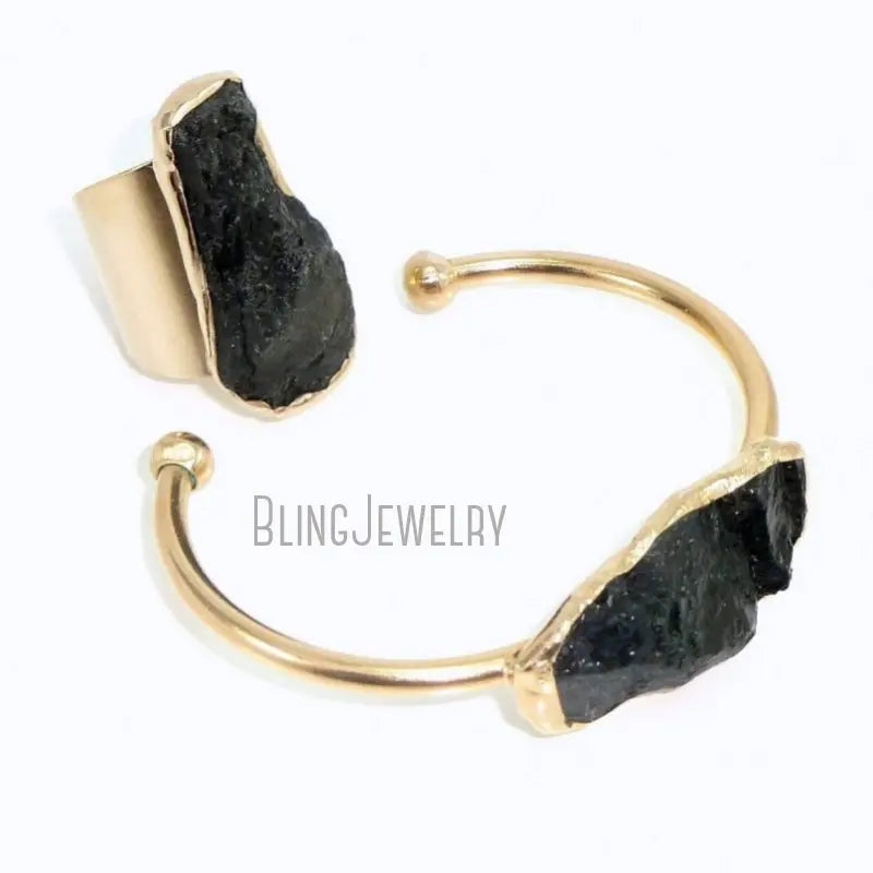 Raw Tourmaline Arm Cuff Bracelet Black Jet Stone Crystal Stainless Steel K Gold Color Bangle for Women Boho Jewelry Accessaries