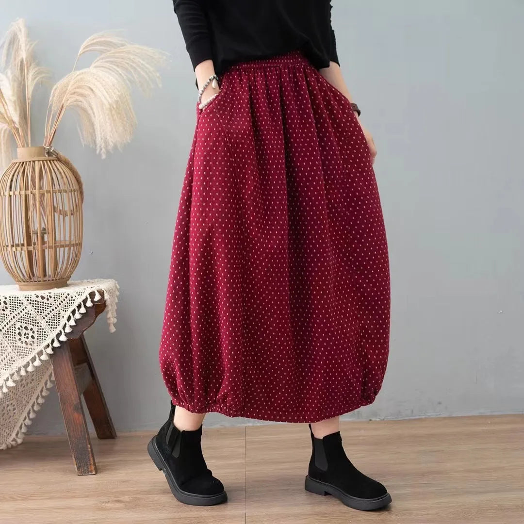Careaymade New Autumn Winter Print Cotton Skirt Women Elastic Waist Thick Warm Long Skirts Female Loose Vintage Skirts