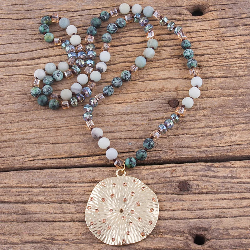 RH Fashion Bohemian Jewelry Natural Stones With Glass Links Crystal Round Pendant Necklaces For Women Boho Gift