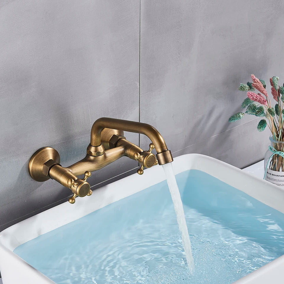 Antique Brass Kitchen Faucet Hot And Cold Water Mixer Faucets Wall Mounted Tap Vessel Sink Mixer Tap Swivel Spout Basin Mixer