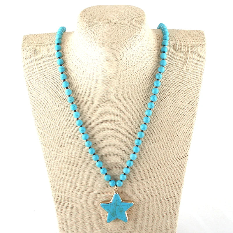 Fashion Bohemian Tribal Jewelry Turq/White Stone Long Knotted Pentagram Star Pendant Necklaces