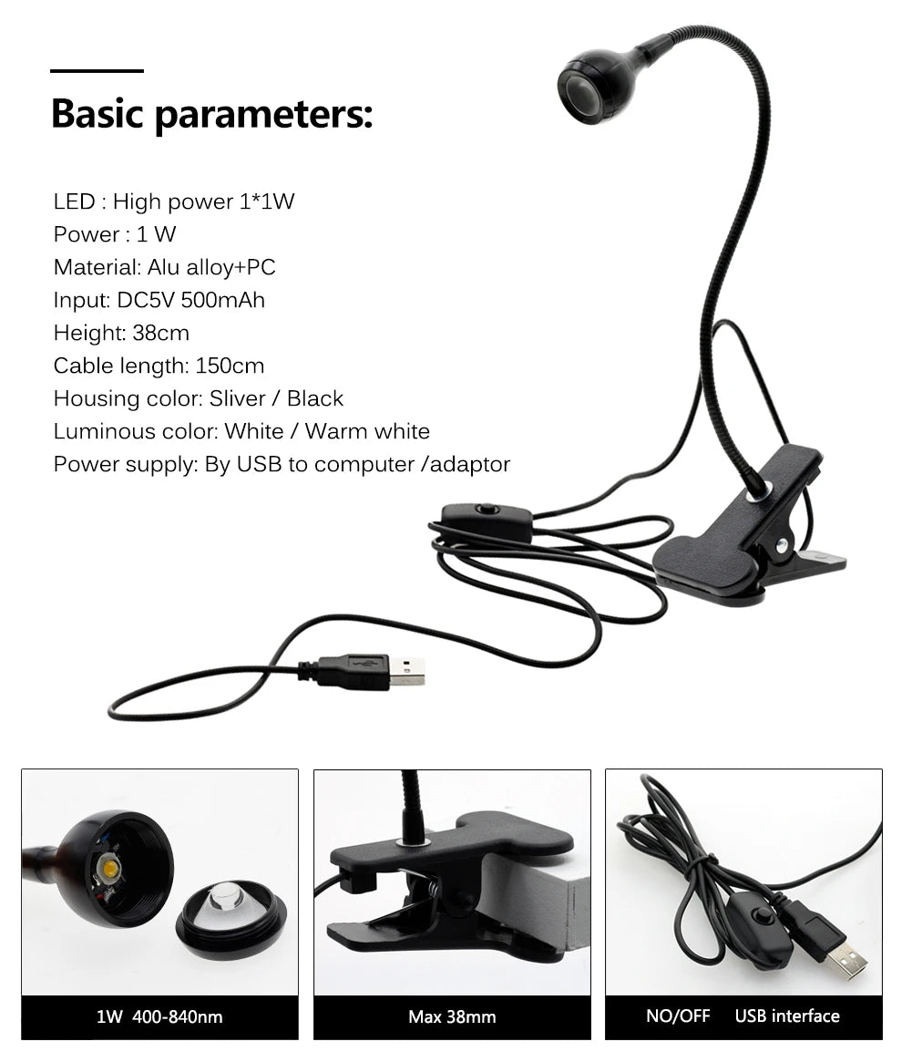 USB Power Clip Holder LED Book Light Desk Lamp 1W Flexible LED Reading Book Lamp Switch On/Off Table Lamp for Bedroom Study Room