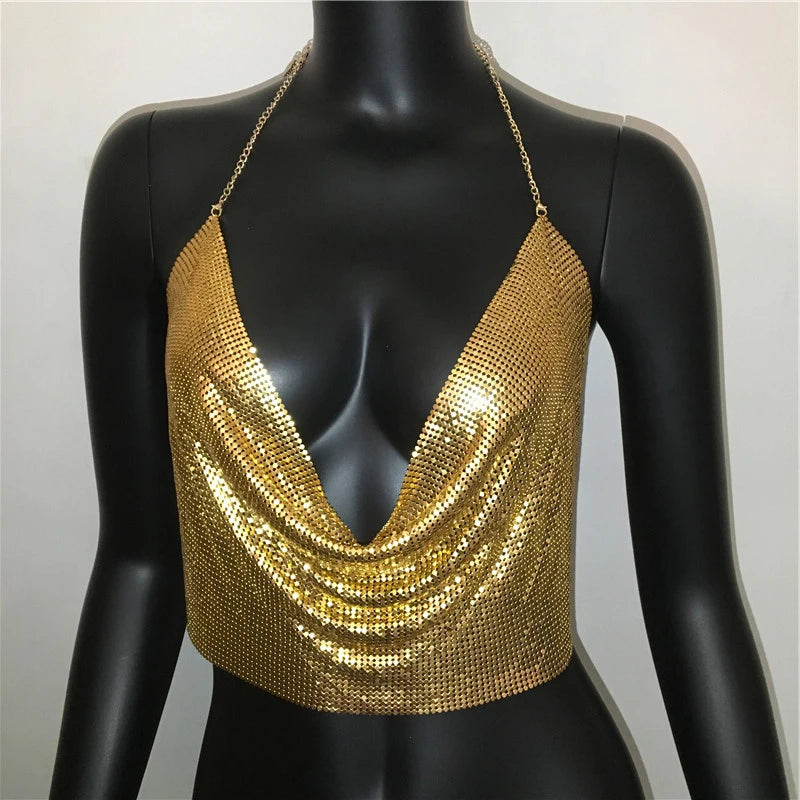 AKYZO Women 2023 Sexy Metal Sequined Tank Camis Summer Gold Silver Backless Cropped Glitter Beach Club Show Wear Tank Tops