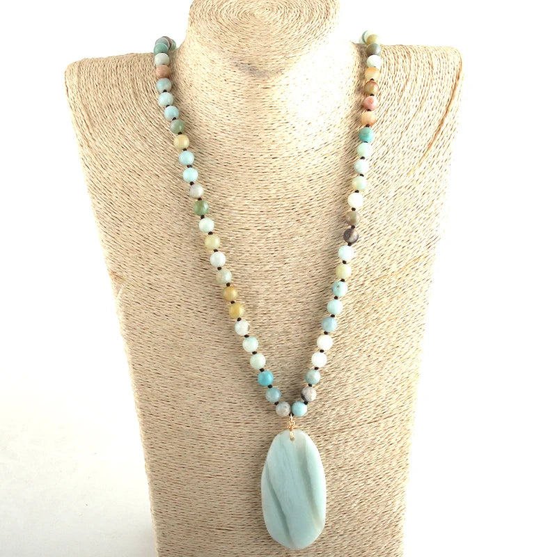 Fashion  Jewelry Natural Beads Long Knotted Semi Precious Pendant Necklaces For Women Bead necklace