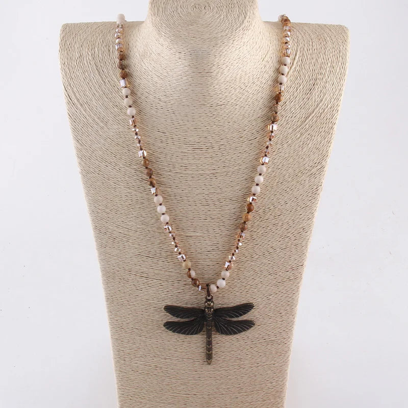 RH Fashion Bohemian Jewelry Accessory 6mm Stones/Crystal Knotted With Metal Retro Dragonfly Pendant Necklaces Women Boho Gift