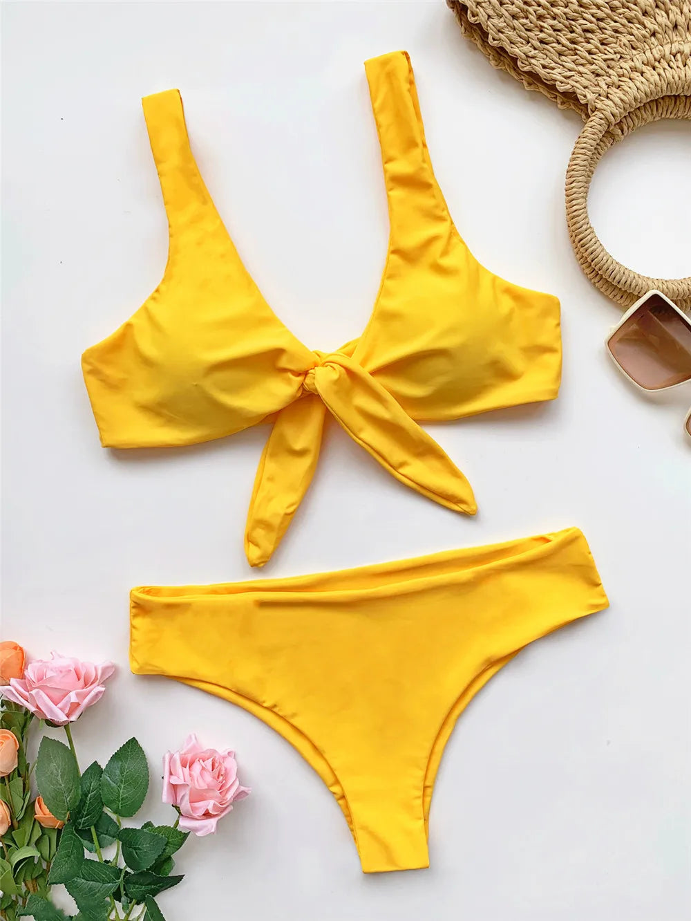Sexy Front Knotted Bikinis Female Swimsuit High Waist Bikini Women Swimwear Two-pieces Bikini Set Bather Bathing Suit Swim Lady