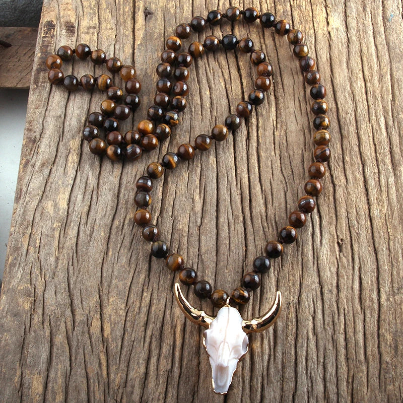 Fashion Bohemian Jewelry Sem Stone Knotted Horn Pendant Necklace For Women Boho Ethnic Necklace Gift