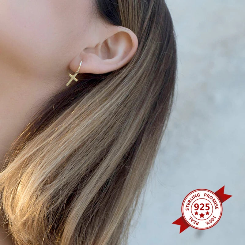 925 Sterling Silver Minimalist Jesus Cross Pendant Earrings Gold/Silver  Hoop Earrings Fashion Wedding Party Earrings Jewelry