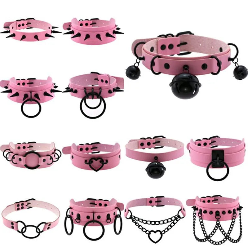 Goth Pink Leather Necklaces Women Punk Black Rivet Spike Collar Chain Neck Strap Gothic Holloween Girls Choker Y2K Body Jewelry
