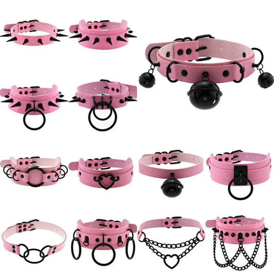 Goth Pink Leather Necklaces Women Punk Black Rivet Spike Collar Chain Neck Strap Gothic Holloween Girls Choker Y2K Body Jewelry
